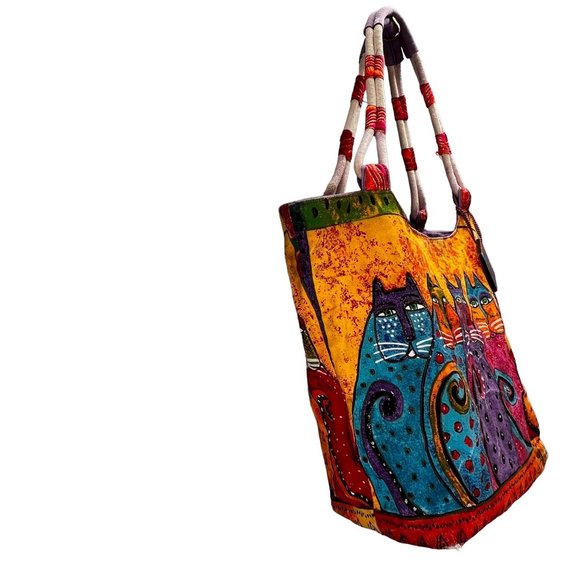 Vintage Laurel Burch Bag Handbag Tote Purse Cat Design Colorful Canvas Beach - Picture 2 of 16